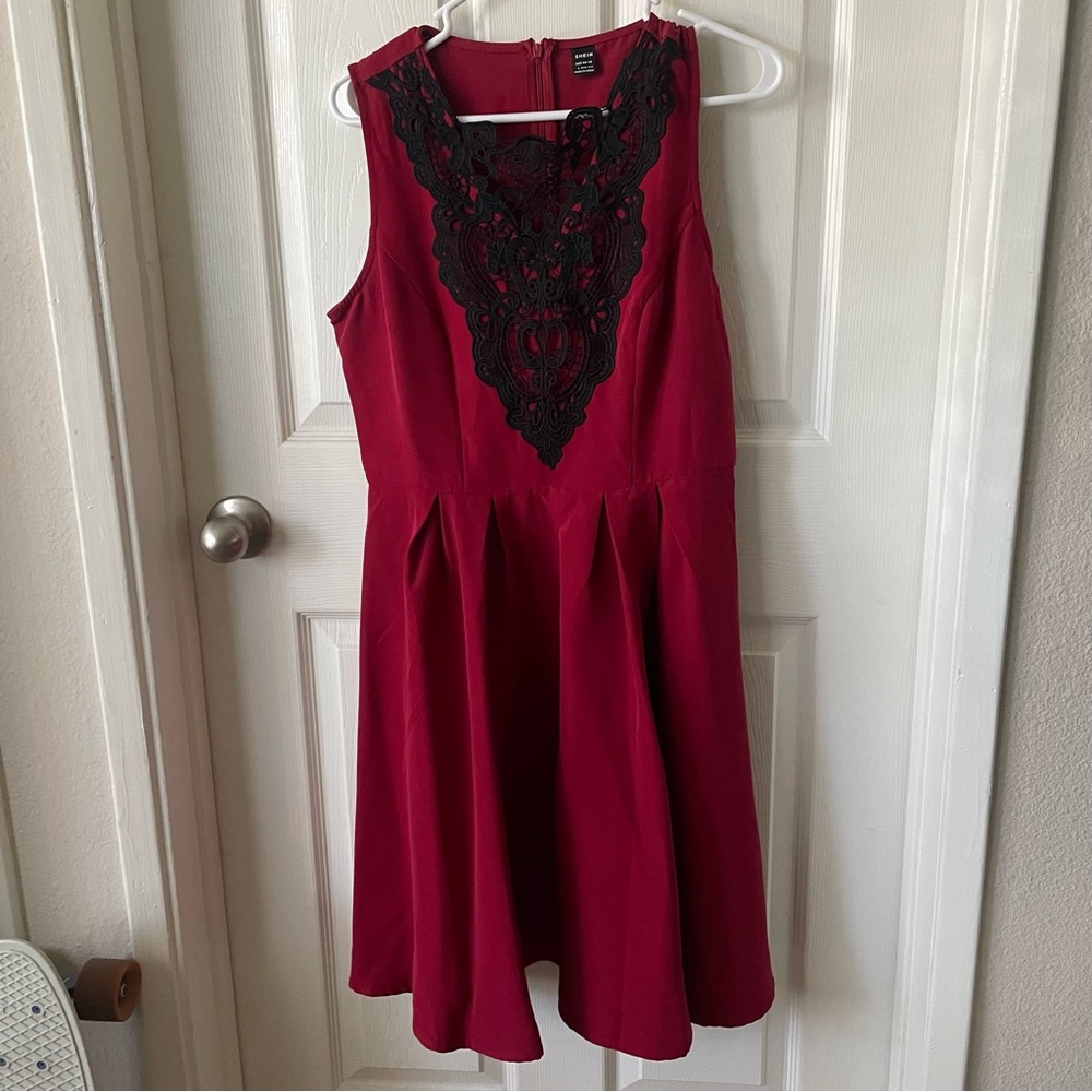 NWOT SHEIN Burgundy Dress with Black Lace Detail